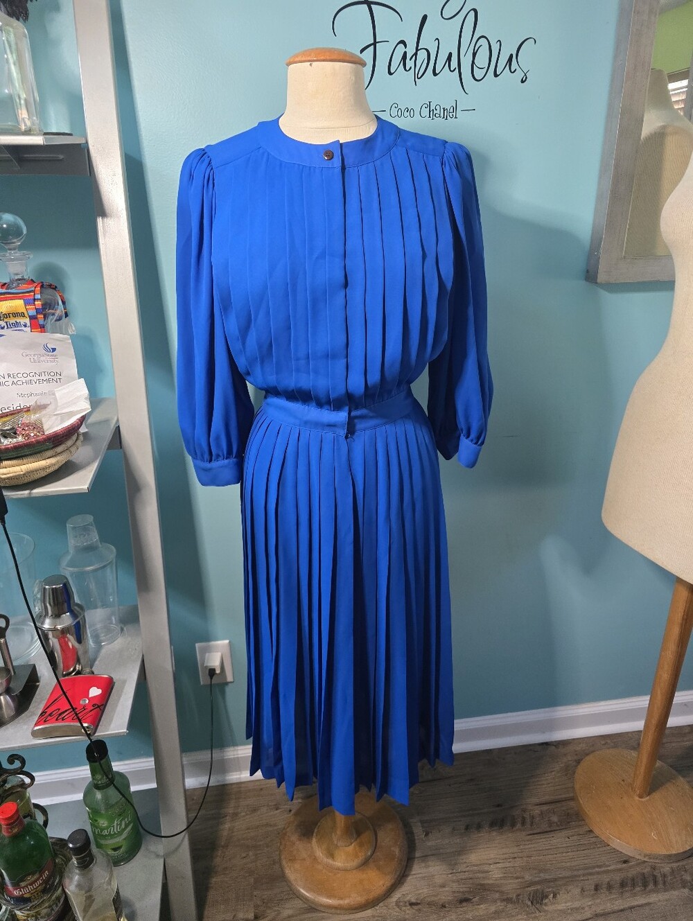 Classic Pleated Blue Midi Dress